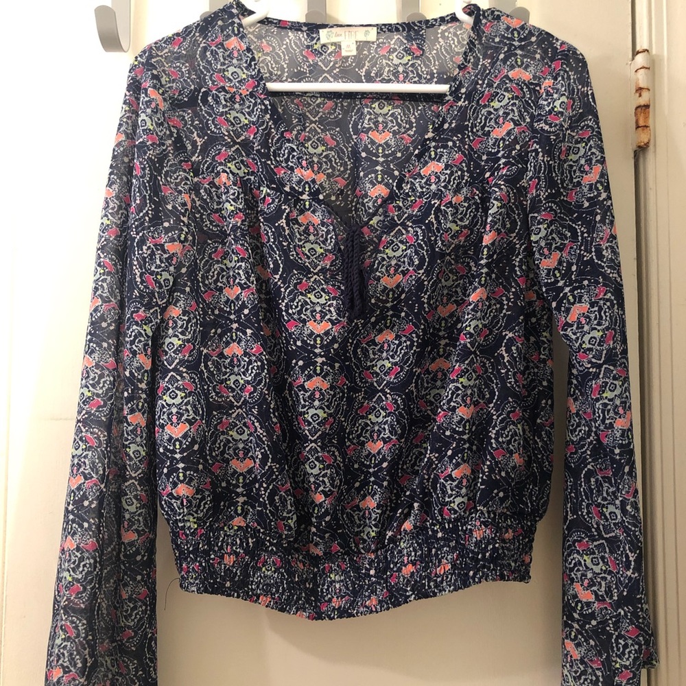 Dark Blue Bell-Sleeve Boho Top